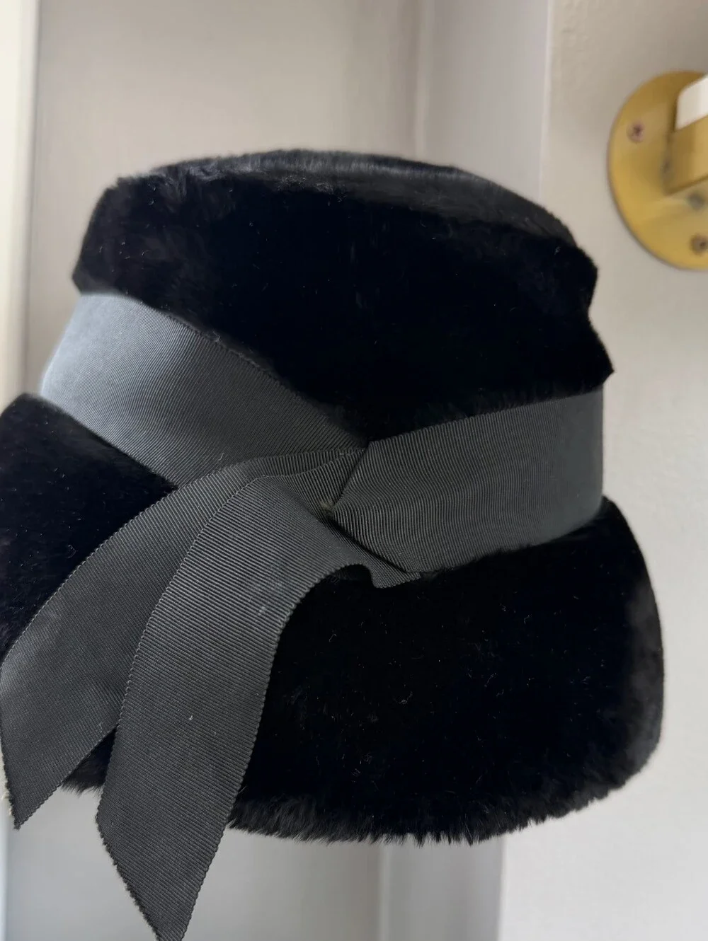 Vintage Norman Durand Black Faux Fur Bucket Hat with Grosgrain Ribbon